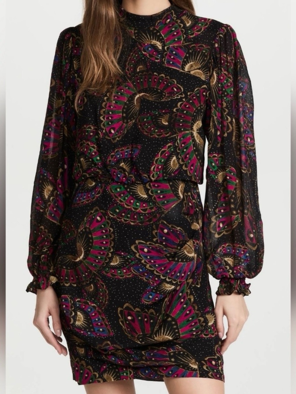 Farm Rio Butterfly/Moth Print Long-Sleeve Mini Dress